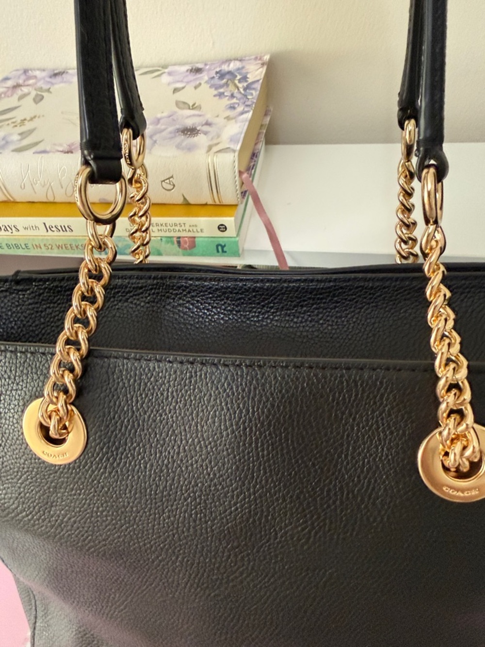 Coach Black Leather Tote with Gold Chain Handles - Picture 9 of 15